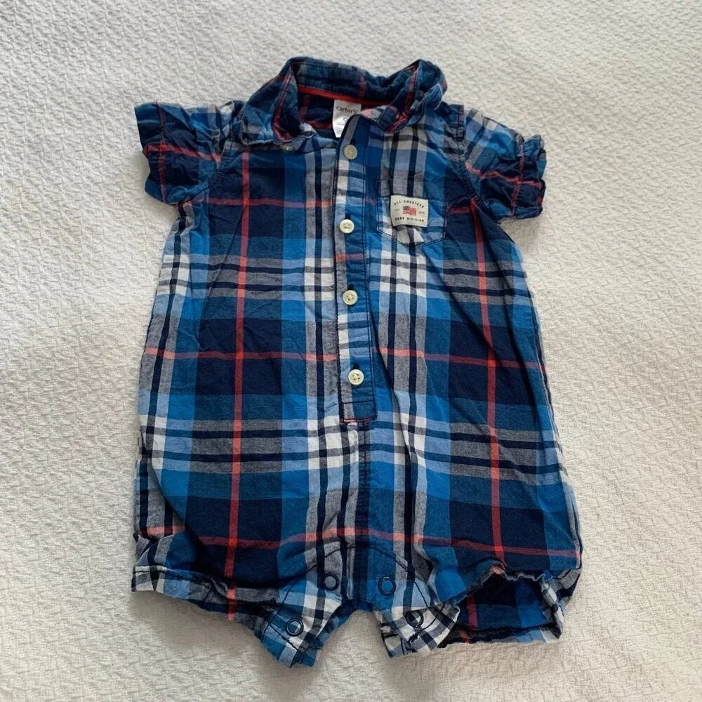 5/$25 Carter's 9 Months Blue Red Plaid Short Sleeve‎ Romper Button Front Cotton
